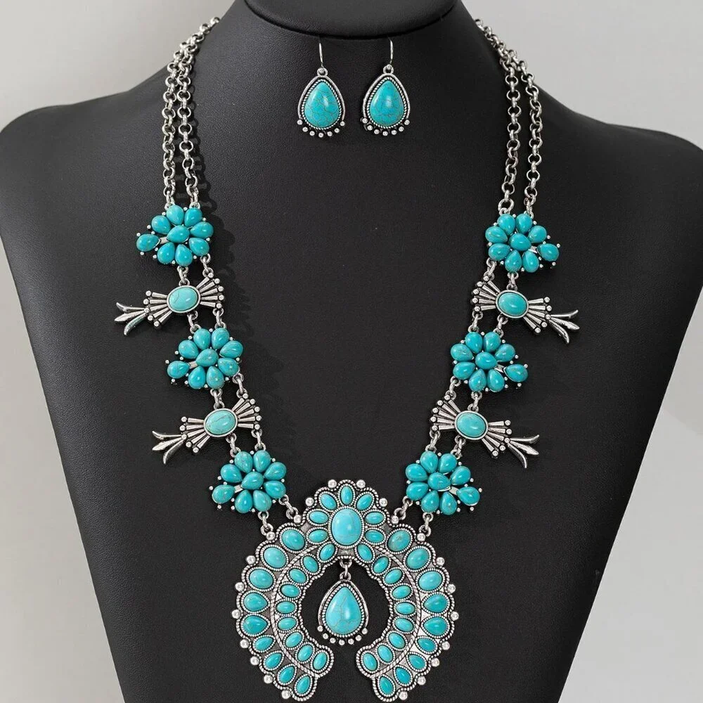 Blue Boho Women's faux Turquoise Pendant Necklace & Drop Earrings